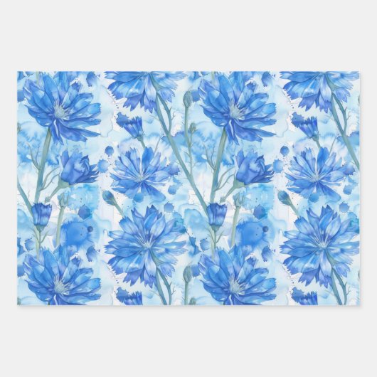 Abstracte Waterverf Blauw en Wit Bloemen Inpakpapier Vel (Voorkant 2)