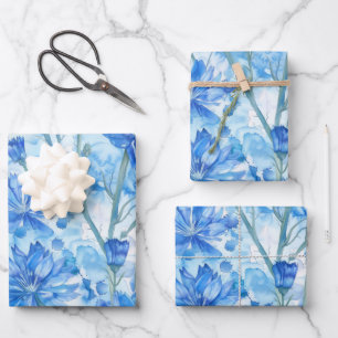 Abstracte Waterverf Blauw en Wit Bloemen Inpakpapier Vel