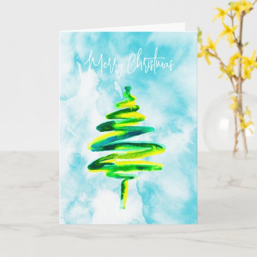 Abstracte waterverf blauw kerstboomblauw kaart (Gele Bloem)