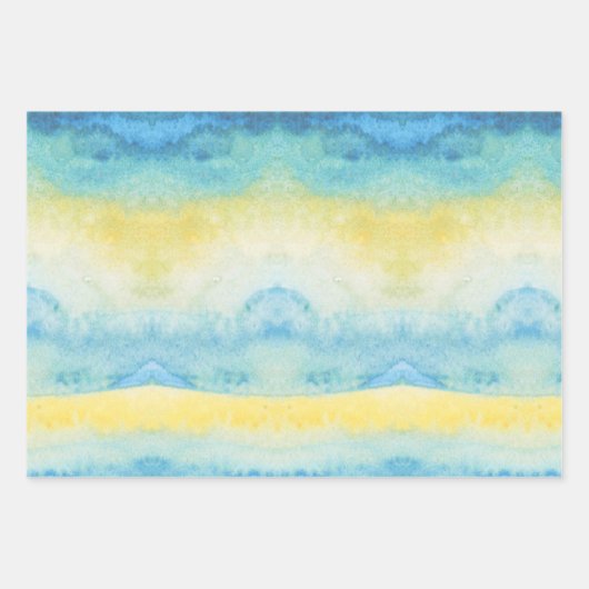 Abstracte waterverf blauw zee en gele zon inpakpapier vel (Voorkant 3)
