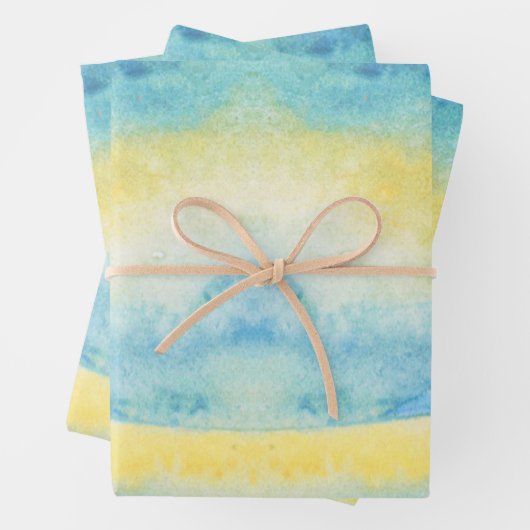 Abstracte waterverf blauw zee en gele zon inpakpapier vel (In situ)