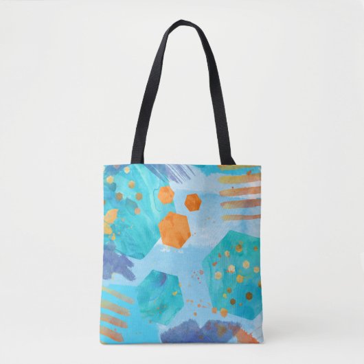 Abstracte waterverf blauw zeshoek geschilderde can tote bag (Voorkant)