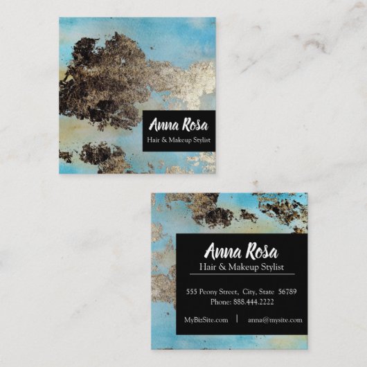 *Abstracte Waterverf Blauw Zilver - zwart opvallen Vierkante Visitekaartje (Voorkant / Achterkant)