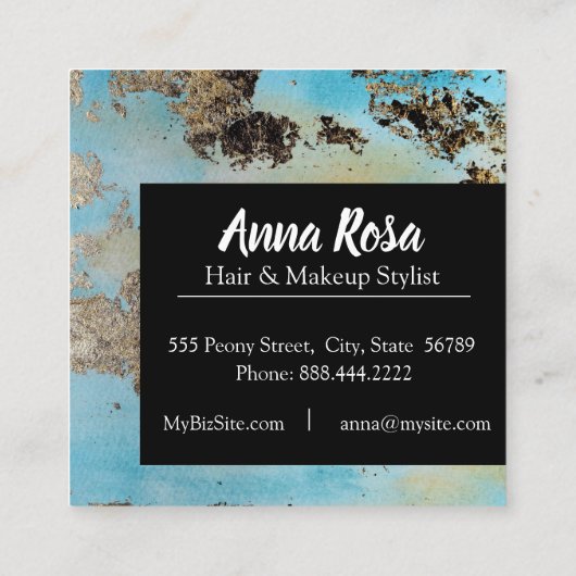 *Abstracte Waterverf Blauw Zilver - zwart opvallen Vierkante Visitekaartje (Achterkant)