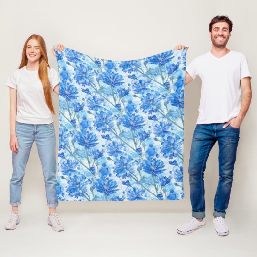 Abstracte waterverf blauwe en witte bloemen fleece deken (In situ)