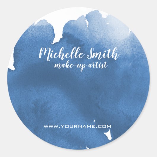 Abstracte waterverf blauwe kleur spatpenseelstreek ronde sticker (Voorkant)