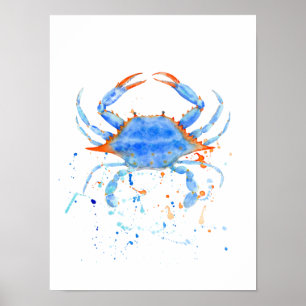 Abstracte waterverf blauwe krab afdrukken poster