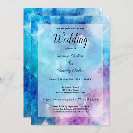 Abstracte Waterverf Blauwe Paarse bruiloft uitnodi Kaart (Voorkant / Achterkant)
