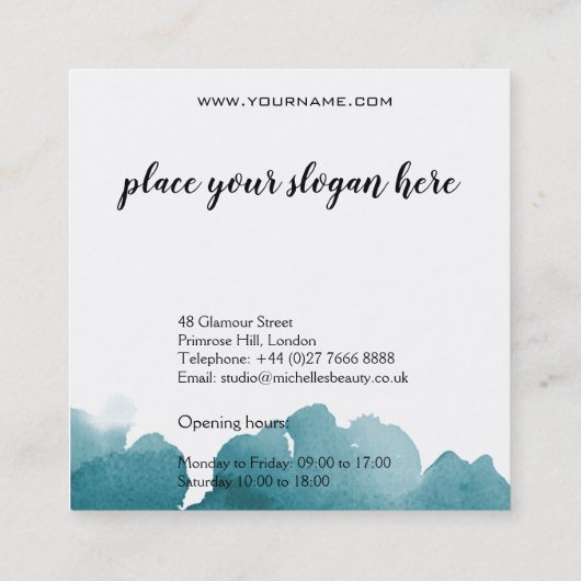 Abstracte waterverf blauwgroen kleur splash pensee vierkante visitekaartje (Achterkant)