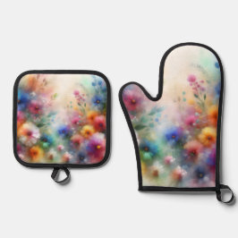 Abstracte Waterverf Bloemen Ovenwant & Pannenlap Set