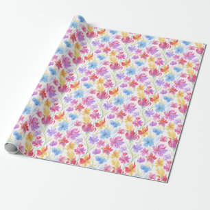 Abstracte Waterverf Bloemen Roze Blauw Geel Cadeaupapier
