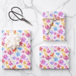 Abstracte Waterverf Bloemen Roze Blauw Geel Inpakpapier Vel