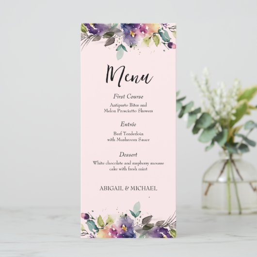 Abstracte Waterverf Bloemenbruiloft Menu (Staand voorkant)