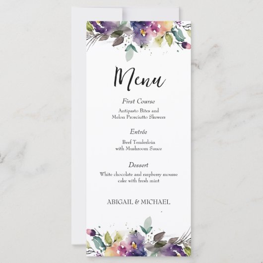 Abstracte Waterverf Bloemenbruiloft Menu (Voorkant)