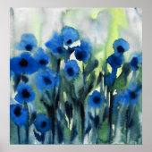 abstracte Waterverf "Blue Field of Flowers" Poster (Voorkant)