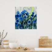 abstracte Waterverf "Blue Field of Flowers" Poster (Keuken)