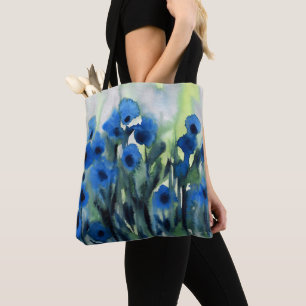 abstracte Waterverf "Blue Field of Flowers" Tote Bag