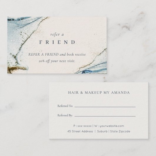 Abstracte Waterverf Blue Gold Beachy Refer Friend Visitekaartje (Voorkant / Achterkant)