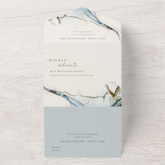 Abstracte Waterverf Blue Gold Beachy Wedding All In One Uitnodiging (Buitenkant)