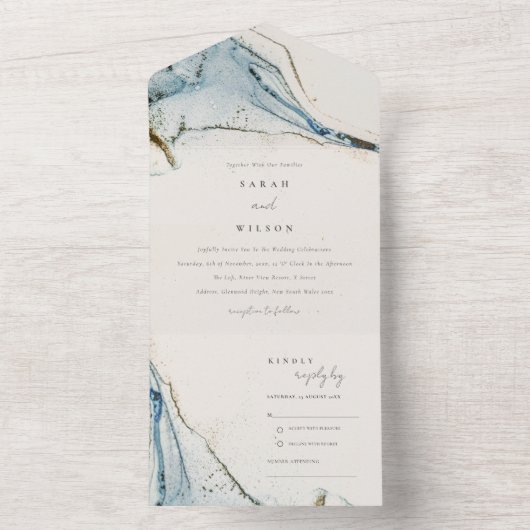 Abstracte Waterverf Blue Gold Beachy Wedding All In One Uitnodiging (Binnen)