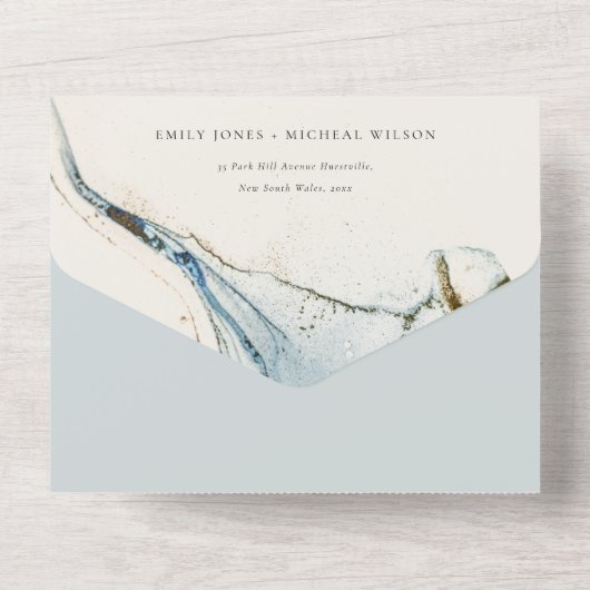 Abstracte Waterverf Blue Gold Beachy Wedding All In One Uitnodiging (Achterkant)