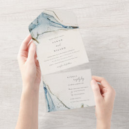 Abstracte Waterverf Blue Gold Beachy Wedding All In One Uitnodiging