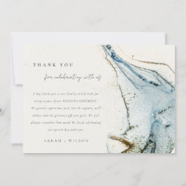 Abstracte Waterverf Blue Gold Beachy Wedding Bedankkaart