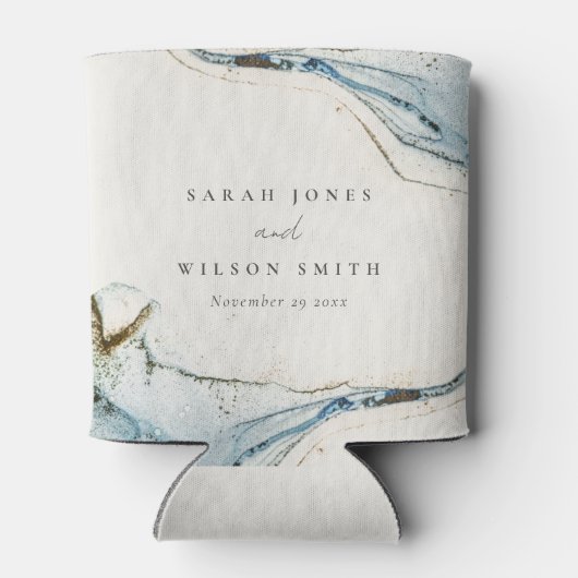 Abstracte Waterverf Blue Gold Beachy Wedding Blikjeskoeler (Achterkant)