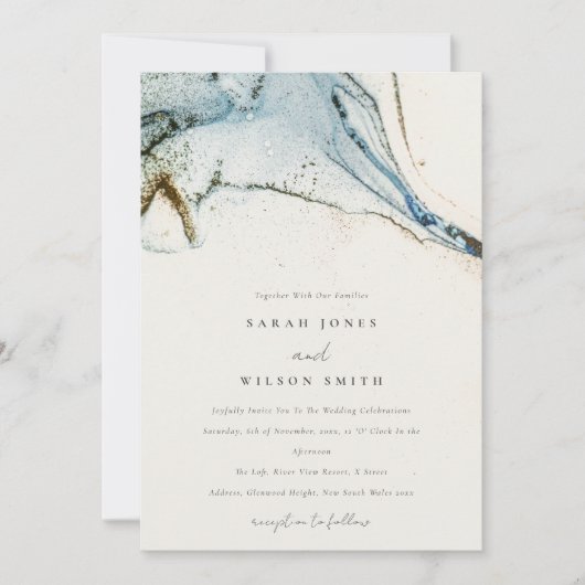 Abstracte Waterverf Blue Gold Beachy Wedding Kaart (Voorkant)