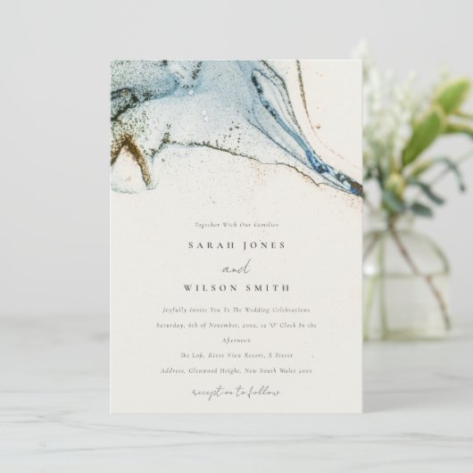 Abstracte Waterverf Blue Gold Beachy Wedding Kaart (Staand voorkant)