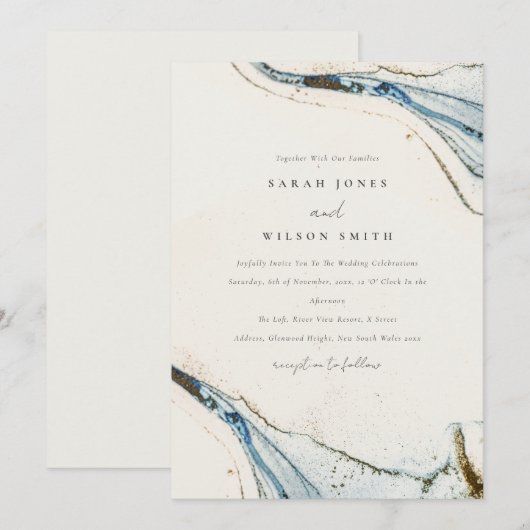 Abstracte Waterverf Blue Gold Beachy Wedding Kaart (Voorkant / Achterkant)