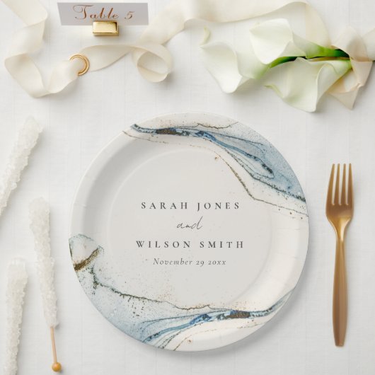 Abstracte Waterverf Blue Gold Beachy Wedding Papieren Bordje (Huwelijk)