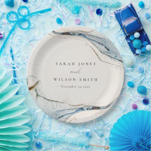 Abstracte Waterverf Blue Gold Beachy Wedding Papieren Bordje (Feest)