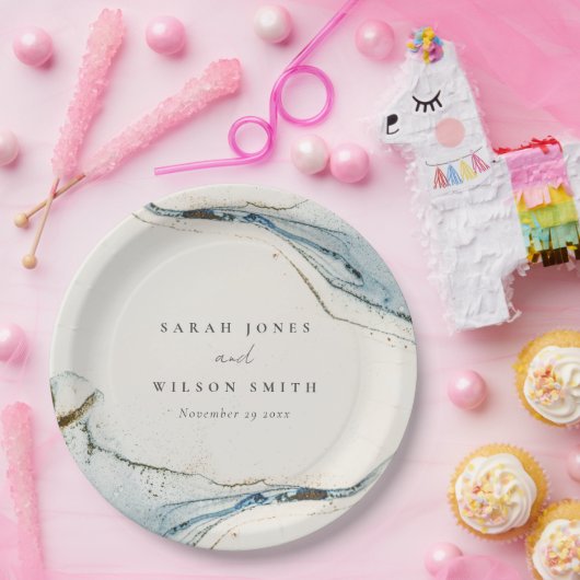 Abstracte Waterverf Blue Gold Beachy Wedding Papieren Bordje (Feest)