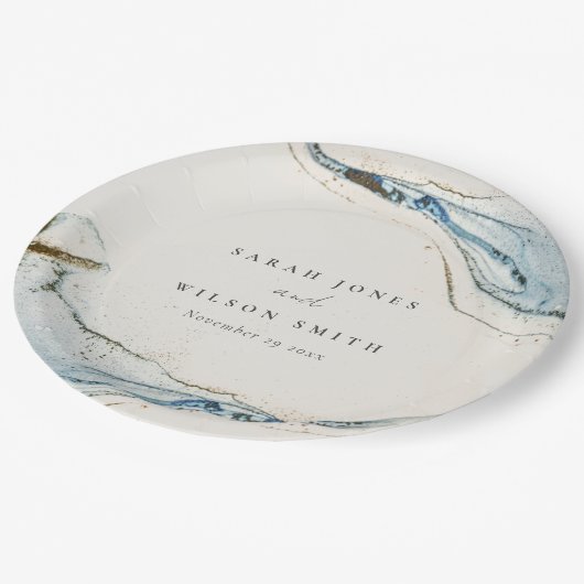 Abstracte Waterverf Blue Gold Beachy Wedding Papieren Bordje (Gekanteld)