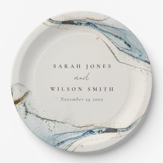 Abstracte Waterverf Blue Gold Beachy Wedding Papieren Bordje (Voorkant)