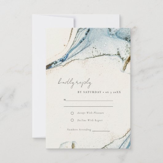 Abstracte Waterverf Blue Gold Beachy Wedding RSVP Kaartje (Voorkant)