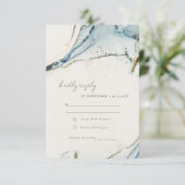 Abstracte Waterverf Blue Gold Beachy Wedding RSVP Kaartje (Staand voorkant)