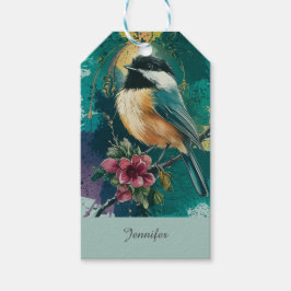 Abstracte Waterverf Chickadee - Blauwgroen Cadeaulabel