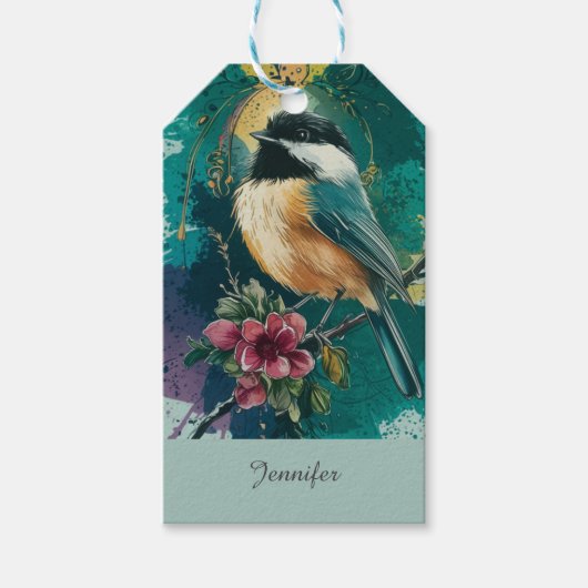Abstracte Waterverf Chickadee - Blauwgroen Cadeaulabel (Voorkant)