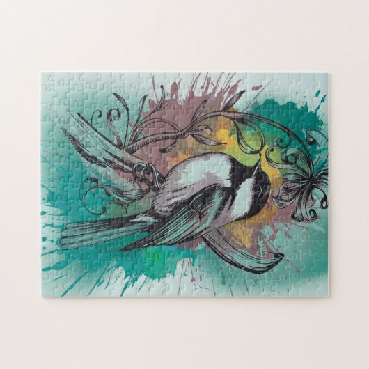 Abstracte Waterverf Chickadee - Blauwgroen Legpuzzel (Horizontaal)