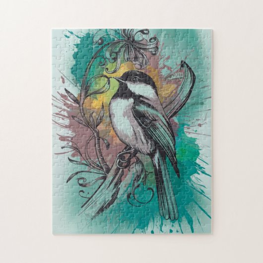 Abstracte Waterverf Chickadee - Blauwgroen Legpuzzel (Verticaal)
