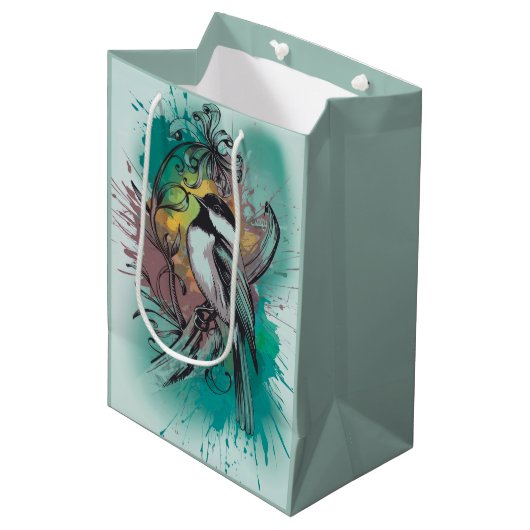 Abstracte Waterverf Chickadee - Blauwgroen Medium Cadeauzakje (Voorkant Gekanteld)
