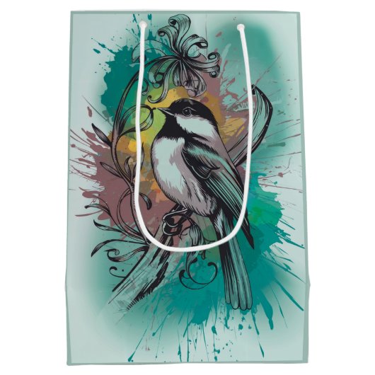 Abstracte Waterverf Chickadee - Blauwgroen Medium Cadeauzakje (Achterkant)