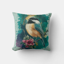 Abstracte Waterverf Chickadee-Sierkussen