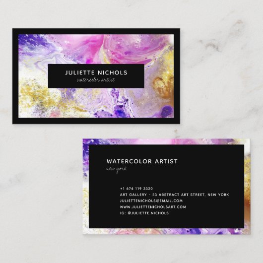 Abstracte waterverf chique roze paarse gouden arti visitekaartje (Voorkant / Achterkant)