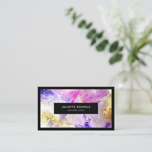 Abstracte waterverf chique roze paarse gouden arti visitekaartje (Staand voorkant)