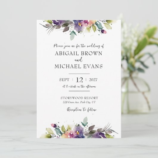 Abstracte Waterverf Floral bruiloft uitnodiging (Staand voorkant)