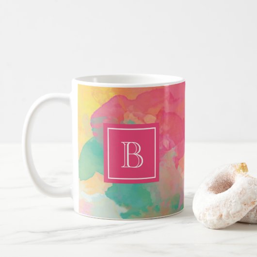 Abstracte Waterverf Floral Monogram Initiaal Roze Koffiemok (Met donut)