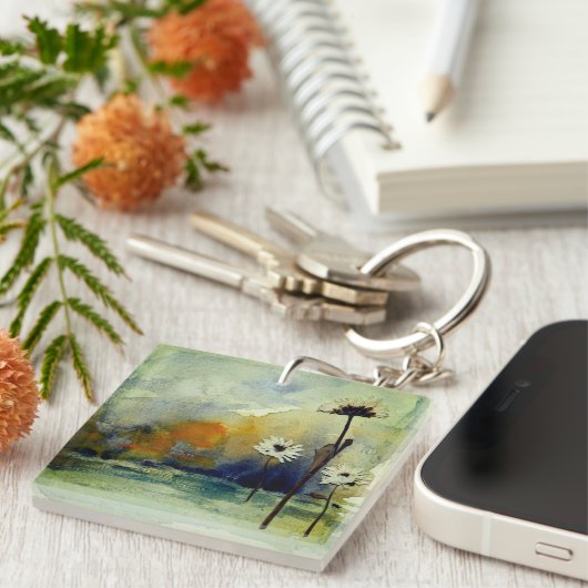 Abstracte Waterverf Flower Sleutelhanger (Voorkant Rechts)